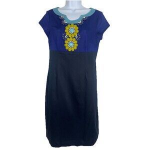 Boden Blue Color Block Floral Beaded Jewel Dress Size US 8 8R UK 12R Office
